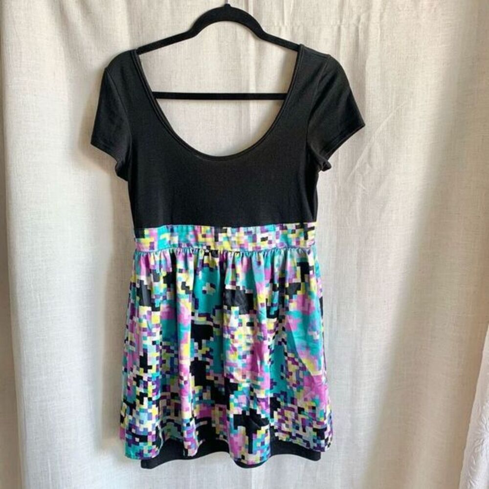 As U Wish Women’s M Black Pixel Print Dress‎ Short Sleeve high Waist Vintage